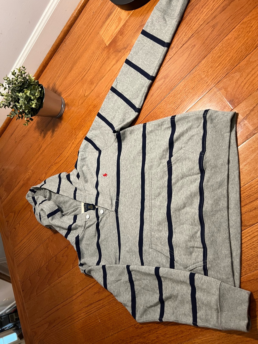 Polo by Ralph Lauren Gray Hooded Pullover with Navy Stripes